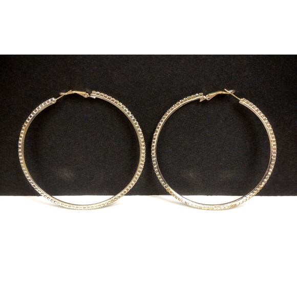 Large Sparkly Rhinestone Silver Tone Hoop Earrings 3" for Pierced Ears Leverback - Picture 3 of 9